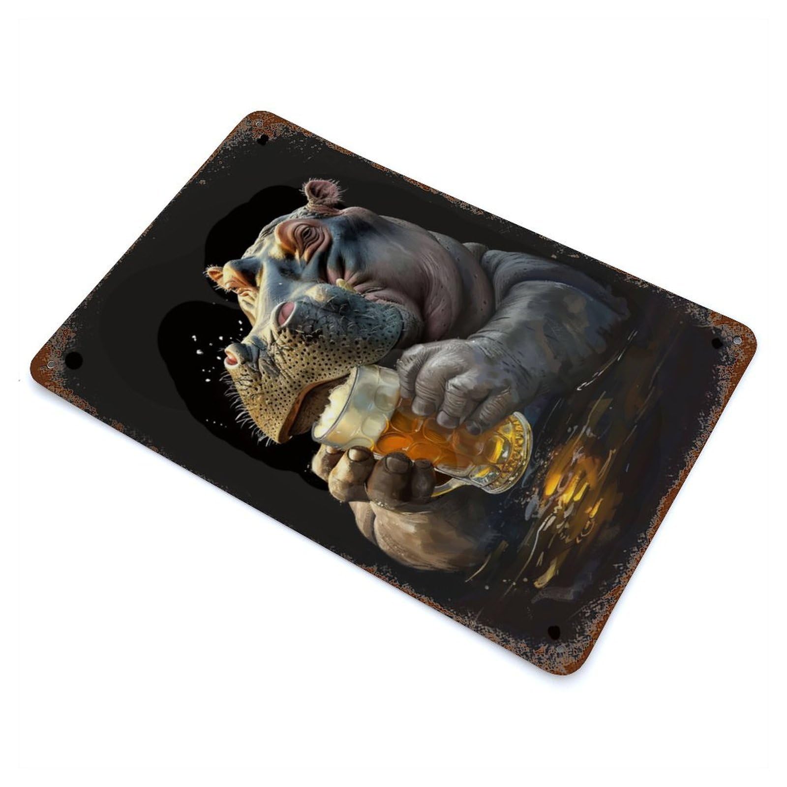 Aged Metal Wall Plaque with Hippopotamus Beer Design 11.8"x7.9", for Basement, Hobby Room And Garage Decor, Farmhouse Wall Decor