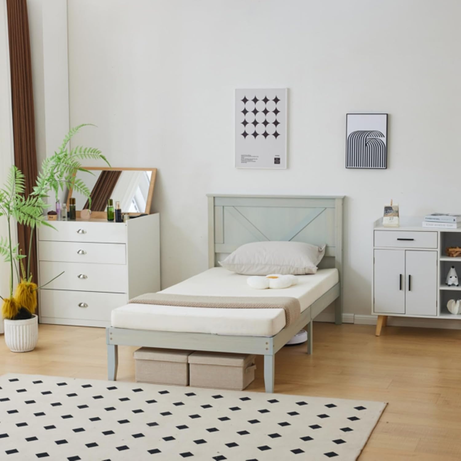 77.8" X 42" X 37.7" Stylish Wooden Bed, Single Wooden Bed, Bed Frame, Bedroom Furniture, Angled Headboard, No Footboard, 450 Lbs, 6 Legs and 14 Solid Wood Slats, Gray