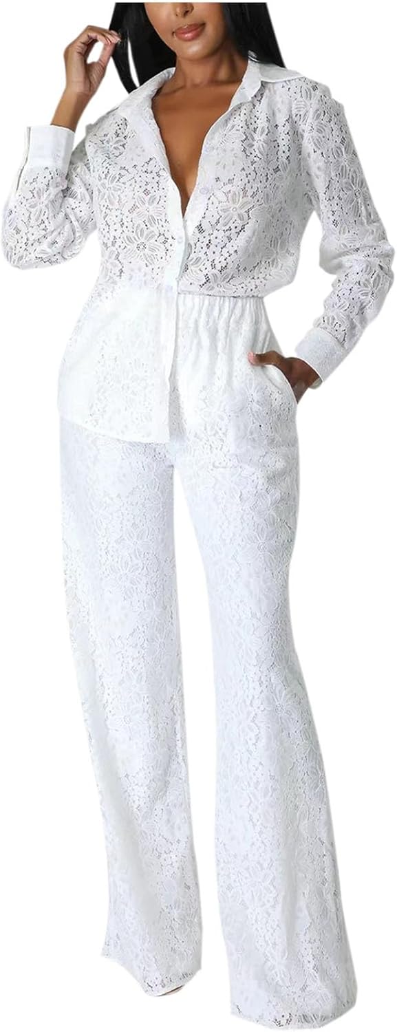 Women Sexy Hollow Out Lace Two Piece Set Elegant See Through Long Sleeve Button Collared Shirts and High Waist Pants