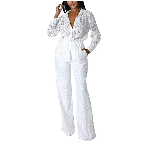 Women's Lace 2 Piece Outfits Long Sleeve Button Down Shirts