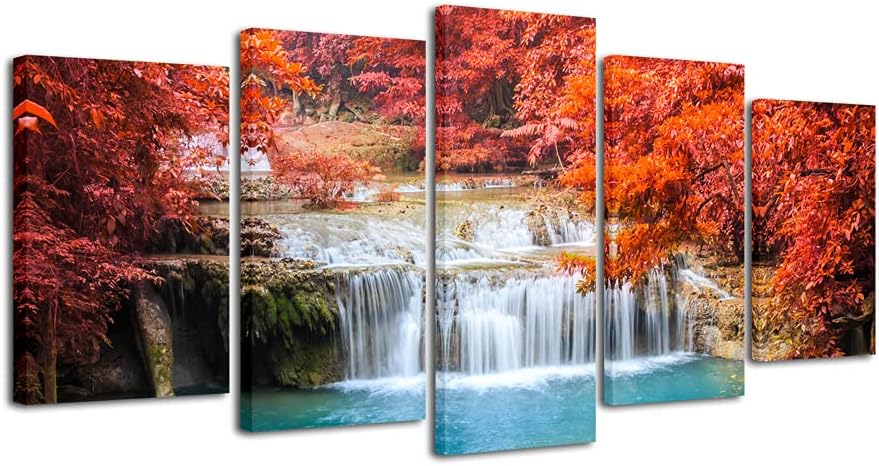 Pyradecor Red Forest Waterfalls Canvas Prints Wall Art Tree Pictures Paintings for Living Room Bedroom Home Decorations Modern 5 Panels Stretched Pretty Landscape Artwork