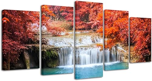 Pyradecor Lienzo con diseño de cascadas de bosque rojo, arte de pared, cuadros de árbol para sala de estar, dormitorio, decoración del hogar, 5