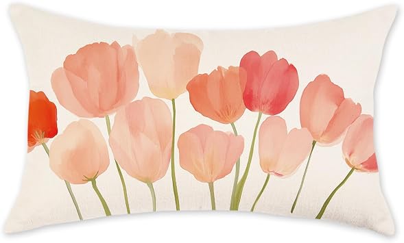 ONWAY Spring Tulip Pillow Covers 12x20 Inch Pink Floral Decorative Throw Pillowcase Farmhouse Summer Outdoor Patio Cushion Case for Sofa Couch Home Decor