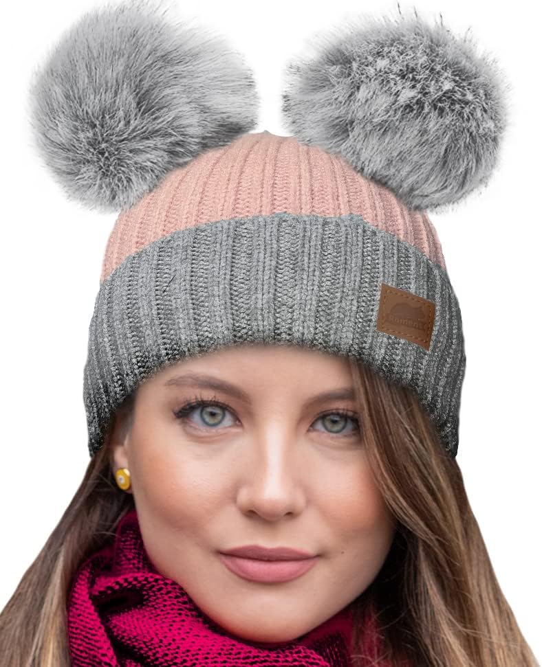 Romens Thick & Soft Winter hat - Ladies Hats Winter - Women Pompoms hat- Warm Womens Fleece Lined Beanie hat - Knitted Winter hat for ski, Snowboarding, Outdoor Activities