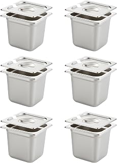 HECMAC 6 Pack Anti-Jam Hotel Pan with Notched Lid, 1/6 Size 6 Inch Deep, Heavy Duty, Commercial Stainless Steel Chafing Steam Table Pan, Catering Storage Metal Food Pan, 23 Gauge