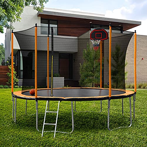 YORIN 1000LBS 12 14 15FT Tranpoline for Kids & Adults - Outdoor Round Tranpoline with Enclosure, Basketball Hoop and Ladder, Outdoor Heavy Duty Recreational Tranpolines for Backyard Family Play