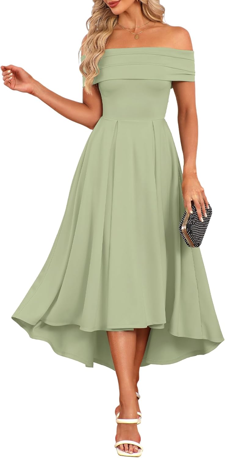 Pinup Fashion Women's Wedding Guest Formal Dress - Off Shoulder Cocktail Party High Low A Line Midi Dresses