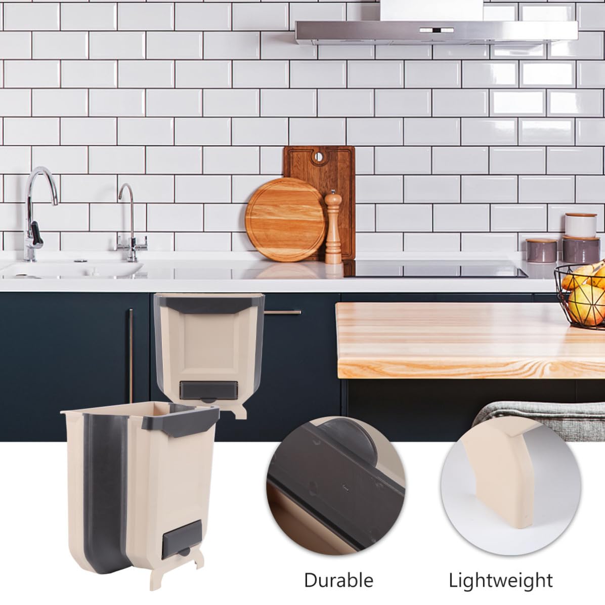 Hanging Kitchen Trash Can Plastic Wall Mounted Bin for Home Use with Safe Hanging and Folding Design, Beige Compact Trash Storage Bin for Kitchen Waste Organization