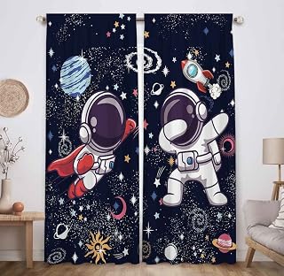Allenjoy Space Astronaut Window Curtains Planets Rockets Cosmonauts Shuttles Cosmic Adventure Home Decor Rod Pocket Darkening Drapes for Kids Boys Bedroom Living Room 82 in x 84 in