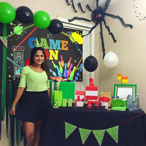 Miniatura 4 de Telón de fondo de juego de arcade para fiesta de cumpleaños, etiqueta láser, tema de bolos, decoraciones de cumpleaños retro de videojuegos, estudio