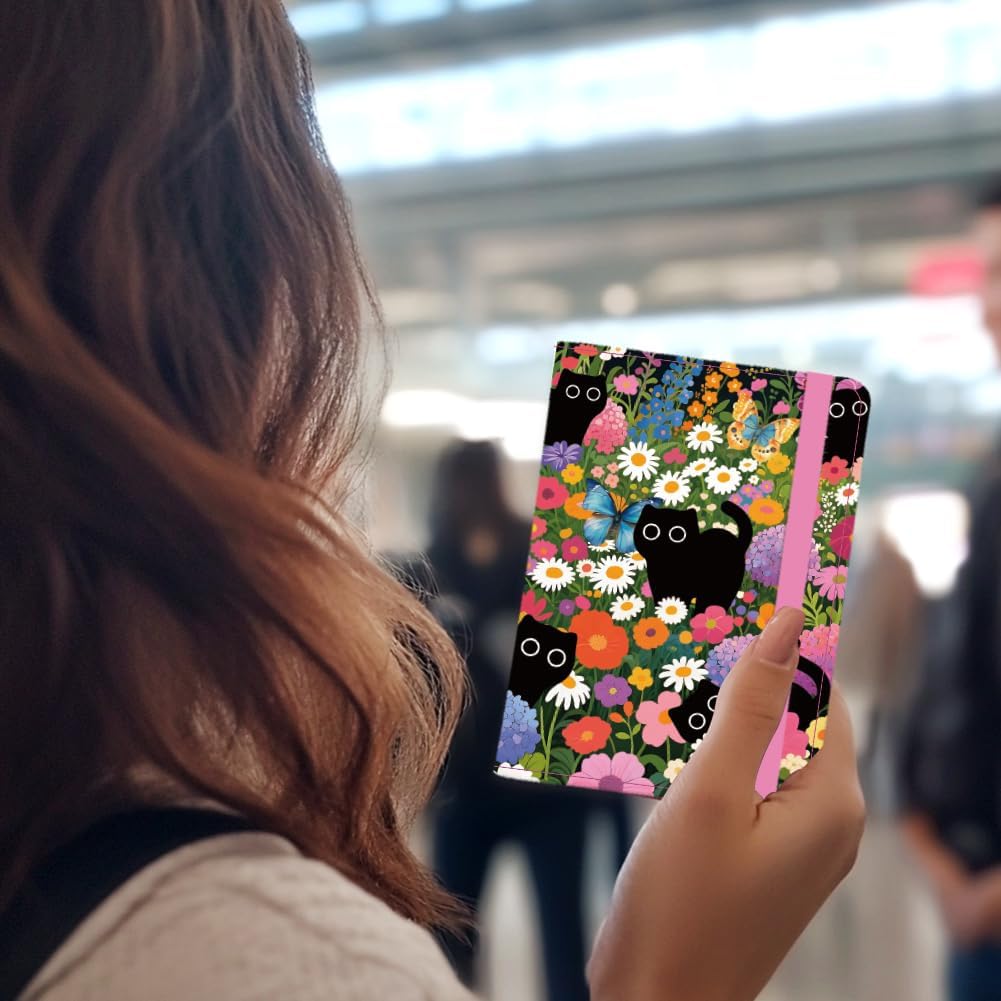 Cat in Flower Leather Passport Holder Cover Cute Black Cats Floral Travel Wallet Passport Case with Credit Card Slots for Women Men Travelling Essentials for Flying