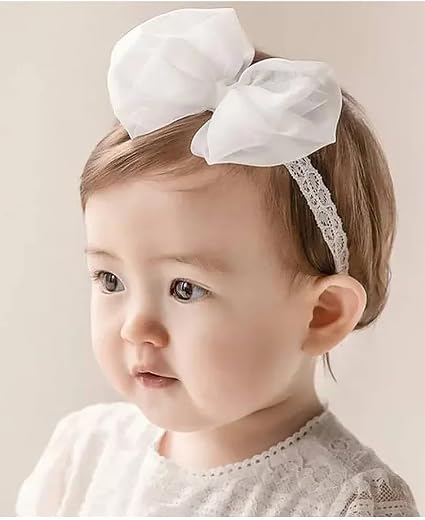 EvoNest Baby Girl Headband, White Organza Bow with Lace Band Design Hair Accessories for Girls Newborns Infants Toddlers a...