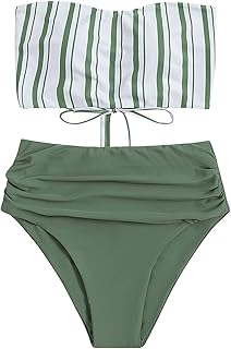 SweatyRocks Women's Bathing Suits Striped Bandeau Bikini high Waisted Swimsuits Swimwear Set Price In India