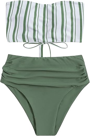 SweatyRocks Women's Bathing Suits Striped Bandeau Bikini high Waisted Swimsuits Swimwear Set