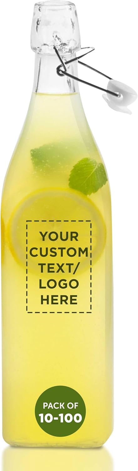 DISCOUNT PROMOS Custom Square Glass Water Carafe Bottles with Wire Lids 34 oz Set of 10/50/100, Personalized Bulk Pack Perfect for Juice Smoothie Milk Condiment - Clear