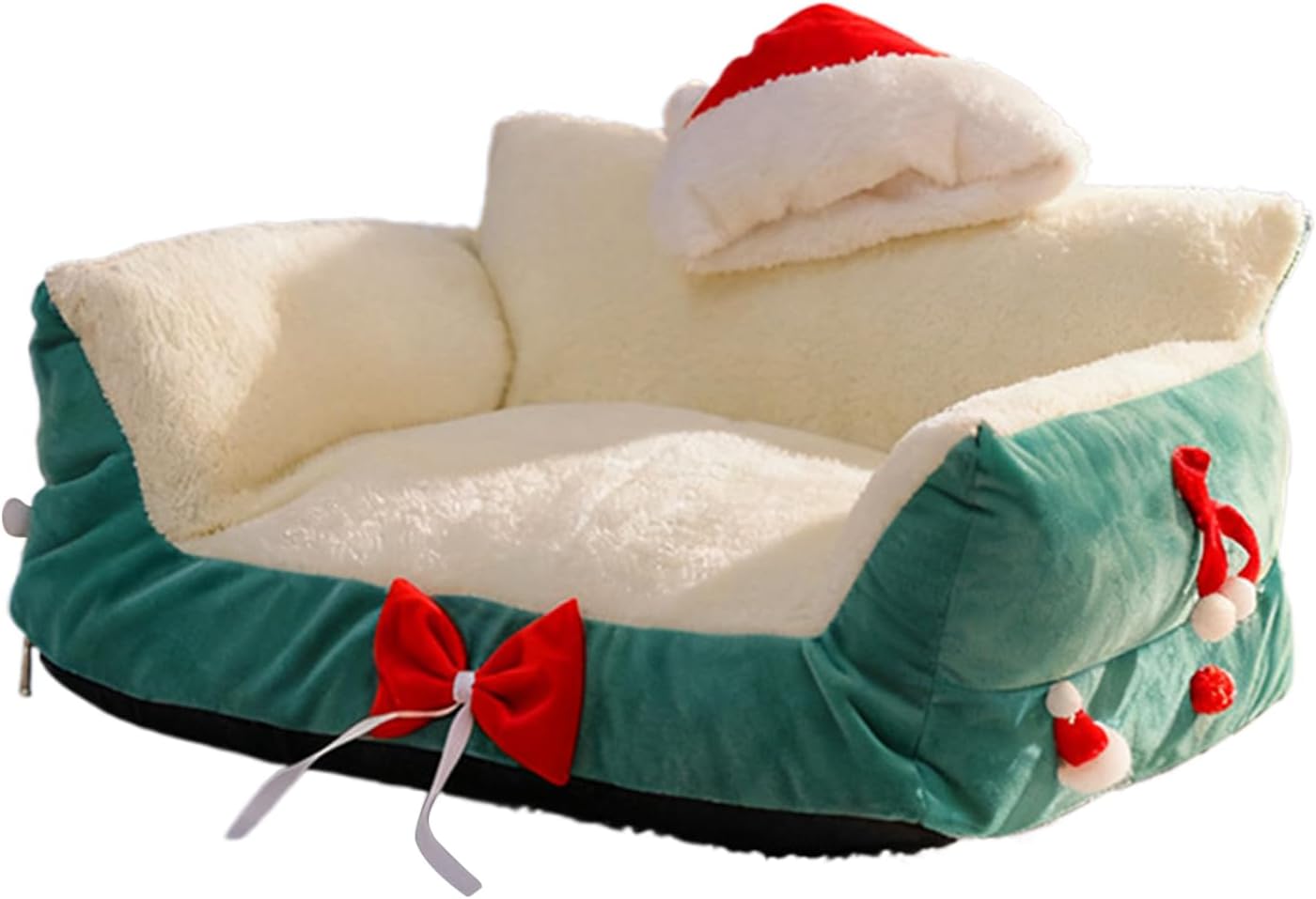 Christmas Pets Sofa Bed, Festive Cat Sofa, Lambskin + Short Plush + PP Cotton Material, Cozy Cat Bed, Pet Couch with Santa Hat, Comfortable Pet Couch, for Cats to Sleep, Relax, Or Lounge