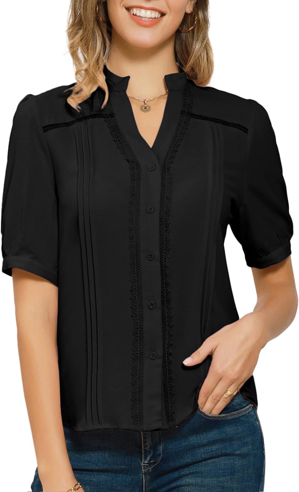 Womens Chiffon Blouse V Neck Puff Sleeve Dressy Casual Summer Tops Business Work Button Down Shirt