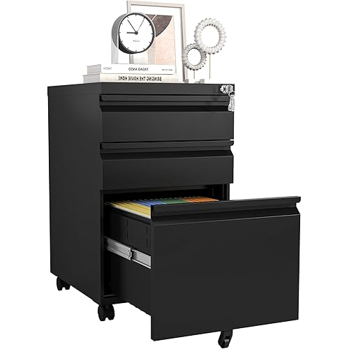 VIYET 3 Drawers Mobile File Cabinet, Rolling File Cabinet Fully Assembled Under Desk, Metal Filing Cabinet with Lock for Home Office Organizer Letters/Legal/A4 (Black)