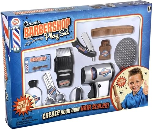 Miniatura 2 de Juego clásico de barbería (10 piezas) Crea tus propios estilos de cabello! Diversión segura y duradera! Incluye maquinilla de afeitar falsa, secador