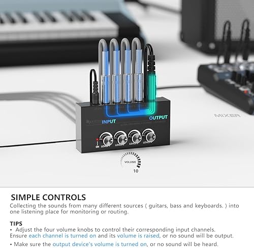Vista 8 de FIFINE - Mezclador de línea de 4 canales de ultra bajo ruido para submezcla, mini mezclador de audio de 4 canales estéreo con adaptador de CA. Ideal