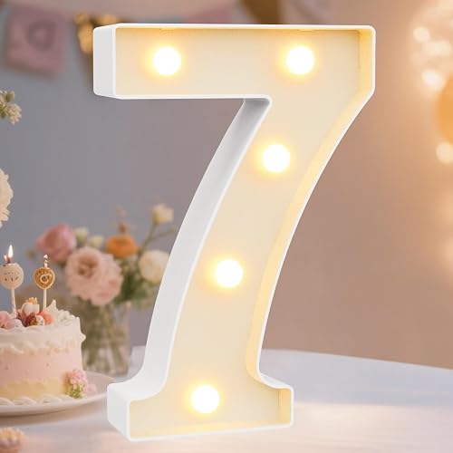 Decorative Led Light Up Number Letters, White Plastic Marquee Number Lights Sign Party Wedding Decor Battery Operated Number (7)