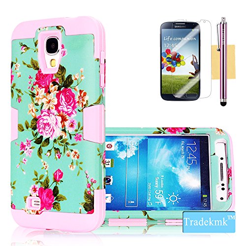Galaxy S4 Case, Tradekmk(TM) Latest Fashion Hot Sale Hybrid Three-in-one Durable Bumper Hard Soft Combo Back Case Cover Protector[Elegant Orchid Light Green Shell] Compatible with Samsung Galaxy S4 i9500[+Stylus+Screen Protector+Cleaning Cloth]-(Pink)