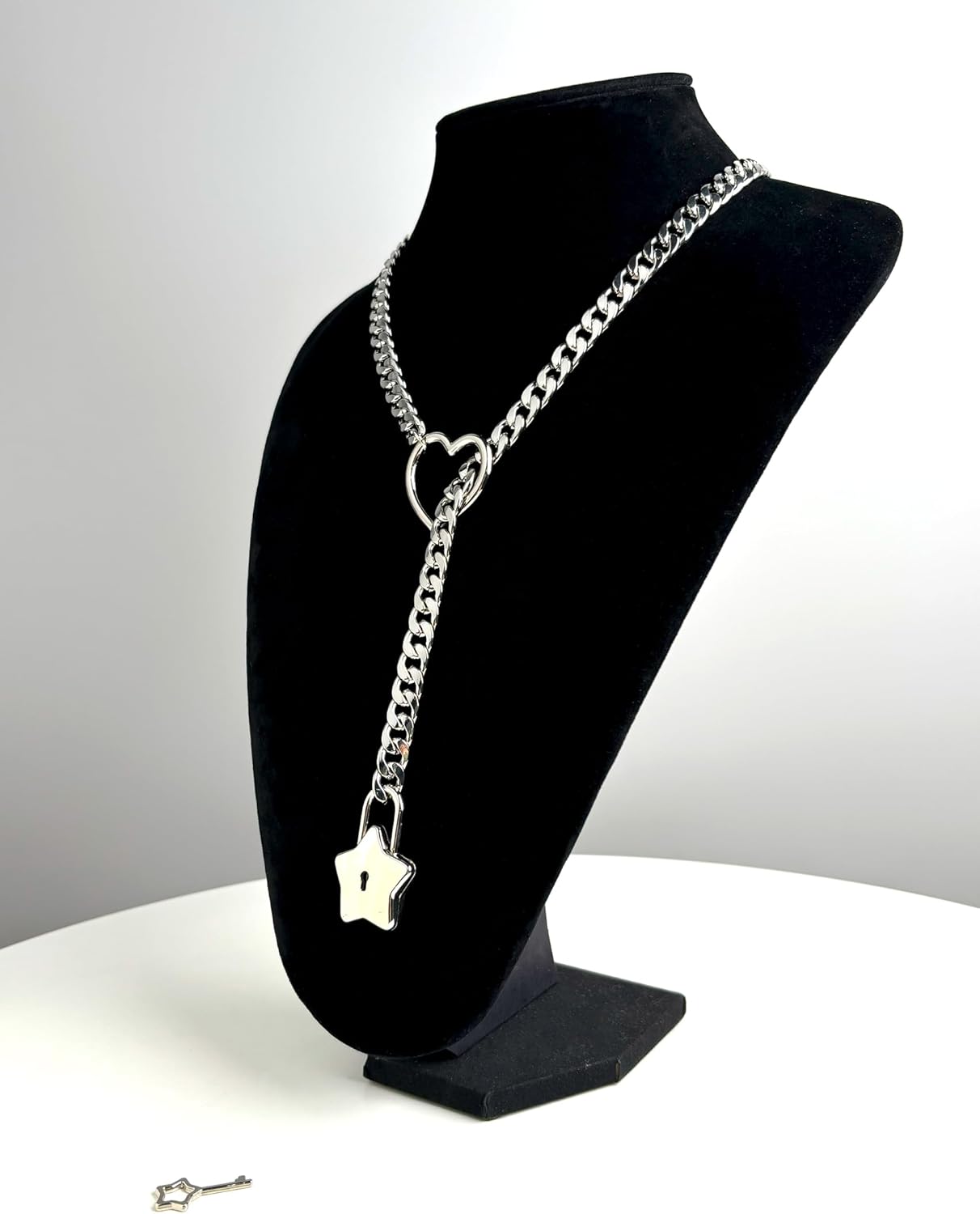 paloli Womens Slip Chain Necklace Heart O-Ring, Punk Rock Cuban Long Necklace Jewelry For Women, Adjustable Lariat Y-Necklace Heart Locker With Key - Image 3