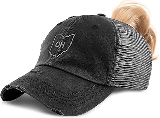 Womens Ponytail Cap Ohio State Map Oh Embroidery Cotton Messy Bun Distressed Trucker Hats Strap Closure Black Design Only
