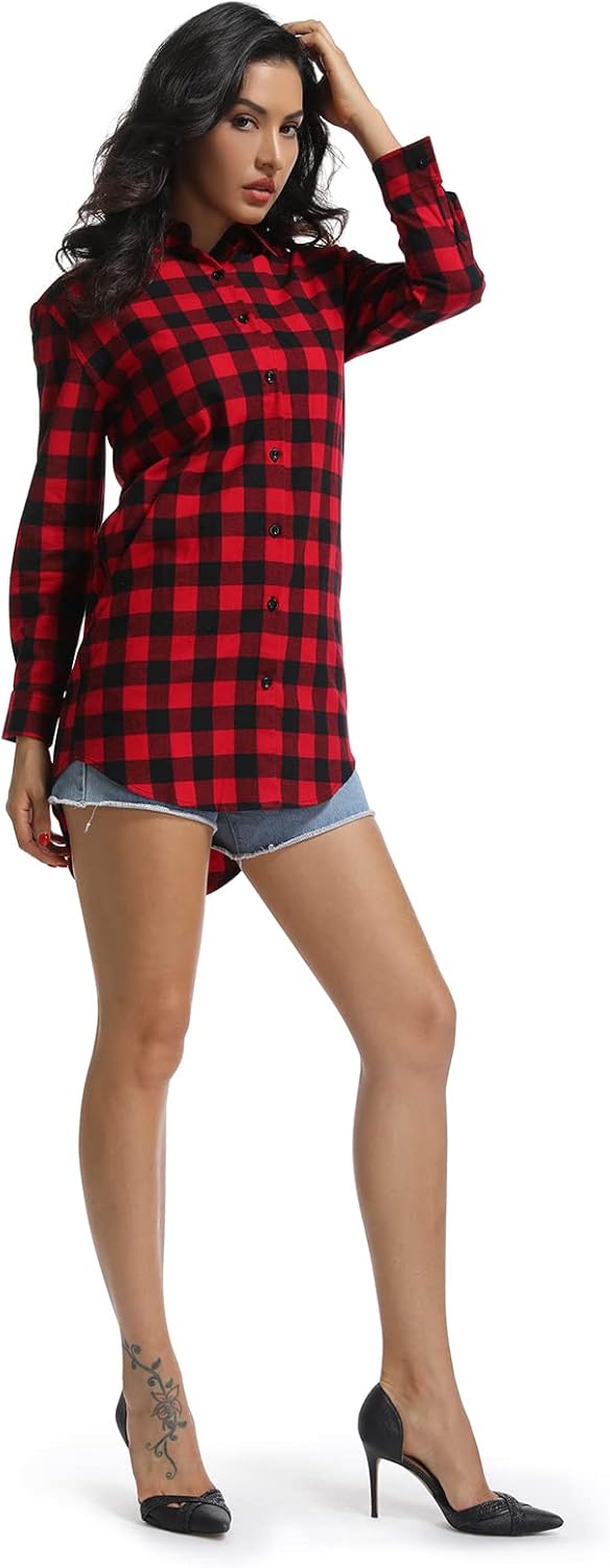 Women's Button Down Plaid Flannel Shirt Mid Long Fitted Fall Shirts High Low Tops - Image 5