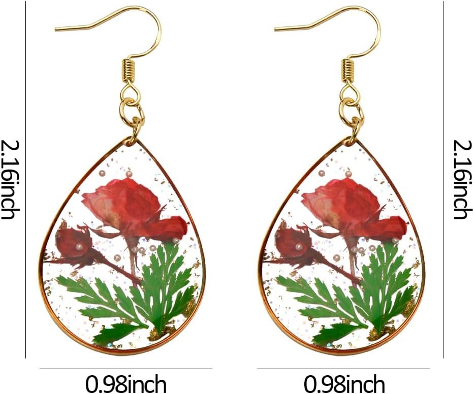 Dry Flower Teardrop Earrings for Women Handmade Pressed Flower Rose Earring Nature Plant Dry Flowers Hook Earring for Women Trendy Hypoallergenic Resin Drop Dangle Earrings for Mom Sister - Image 2
