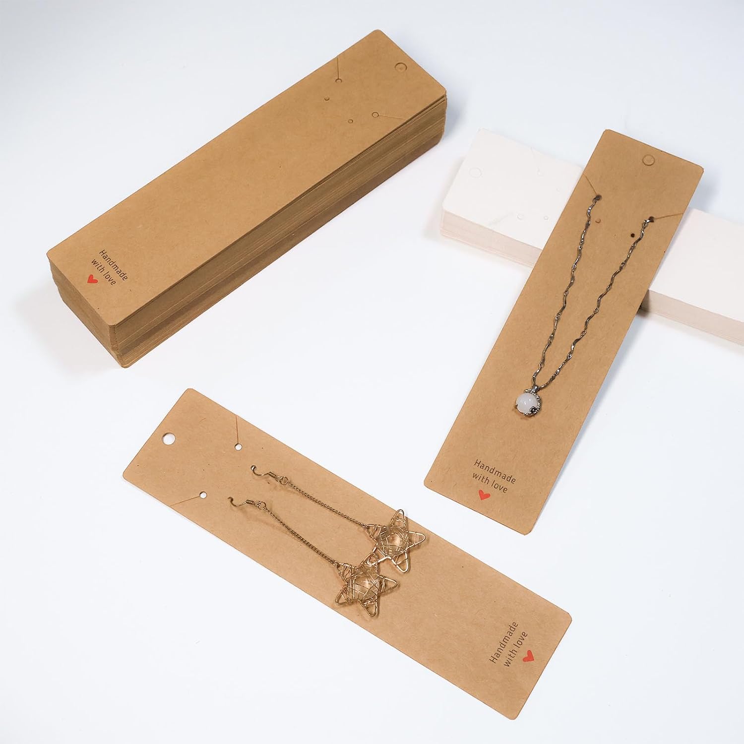 QLCBELOVE 100PCS Keychain Display Cards, 2.16'' x 6'' Kraft Paper Cards Keychain Display Holder, Handmade with Love Hanging Cards for Display Keyring Cards Jewelry Packaging Supplies (Kraft-Necklace)