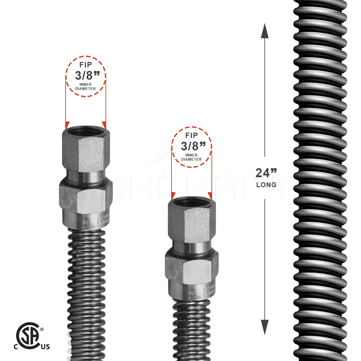 Highcraft GUHD-TT14-24I Gas Line Hose 3/8'' O.D. x 24'' Length with 0.38 in. FIP Fitting, Uncoated Stainless Steel Flexible Connector, 24 Inch