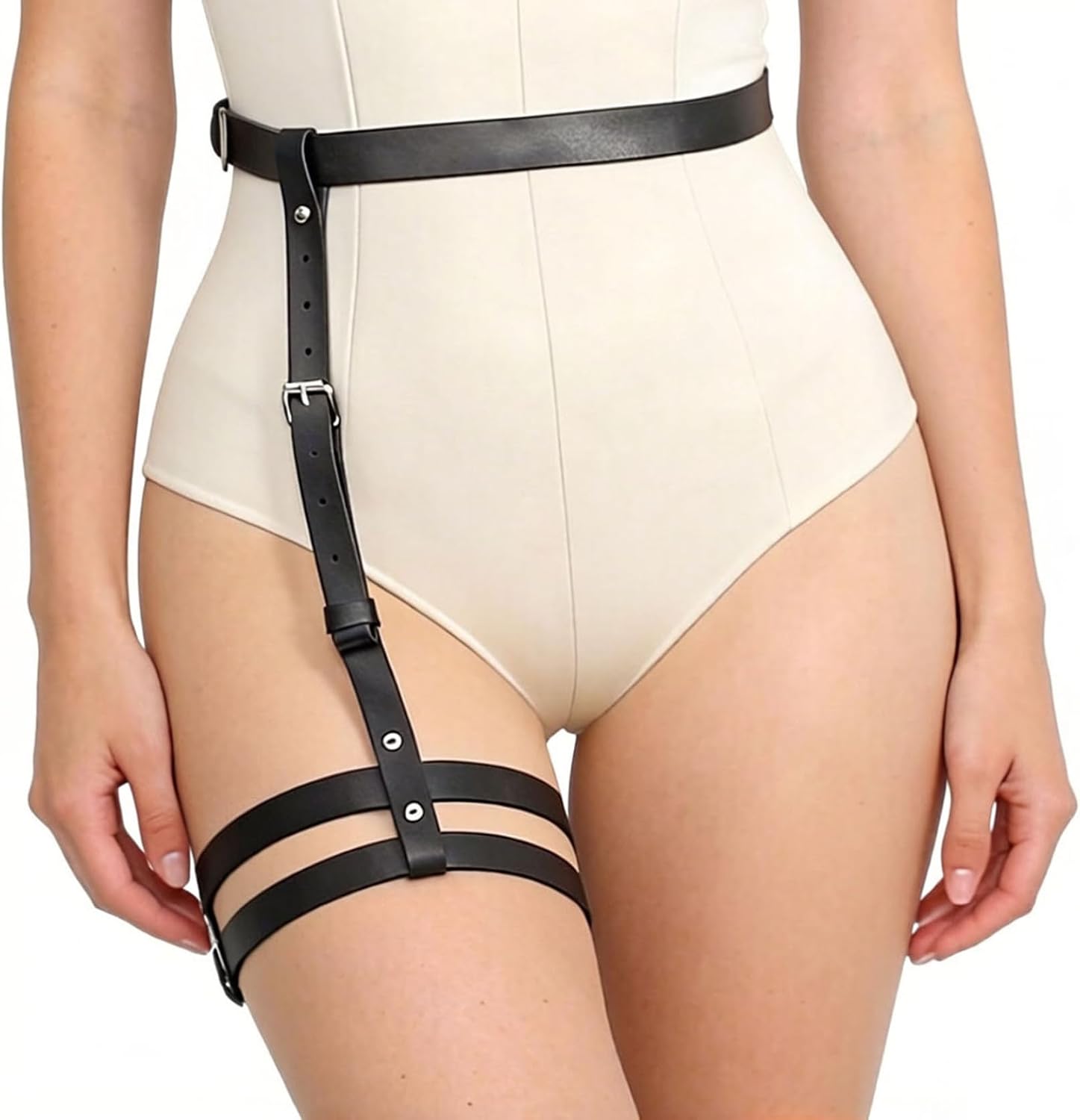 Punk Leather Thigh Harness & Garter Belt Set for Women, Gothic Lingerie Adjustable Straps for Nightclub,Rave