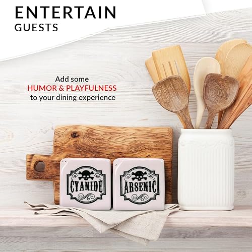 Miniatura 5 de Juego de saleros y pimenteros de cerámica, juego de coctelero de especias con etiquetas de arsénico y cianuro de estilo gótico boticario, bonitos