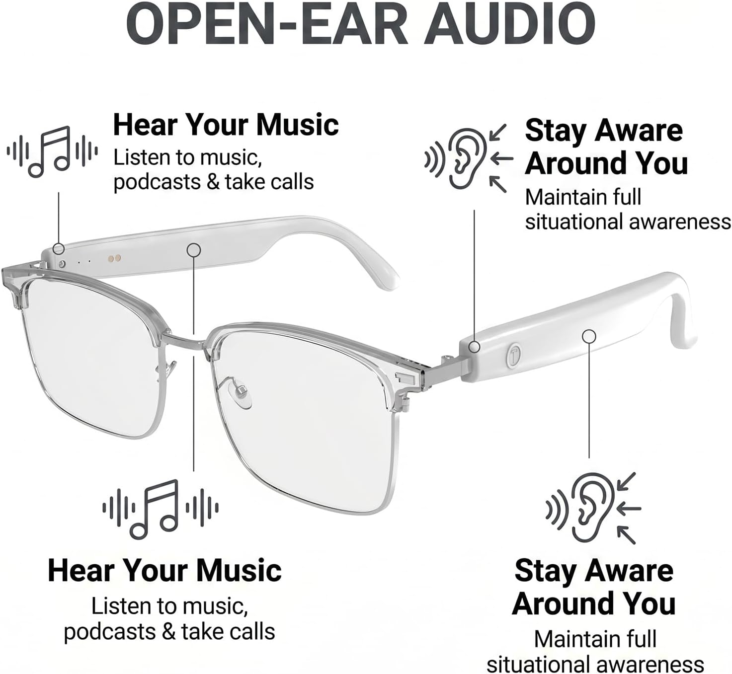 Open Ear Bluetooth Glasses with Adaptive Lens for Working& Outdoors | Yosugar Bluetooth Smart Glasses,Hands-Free Calls,Music and Voice Assistant,Smart Sunglasses for Men and Women
