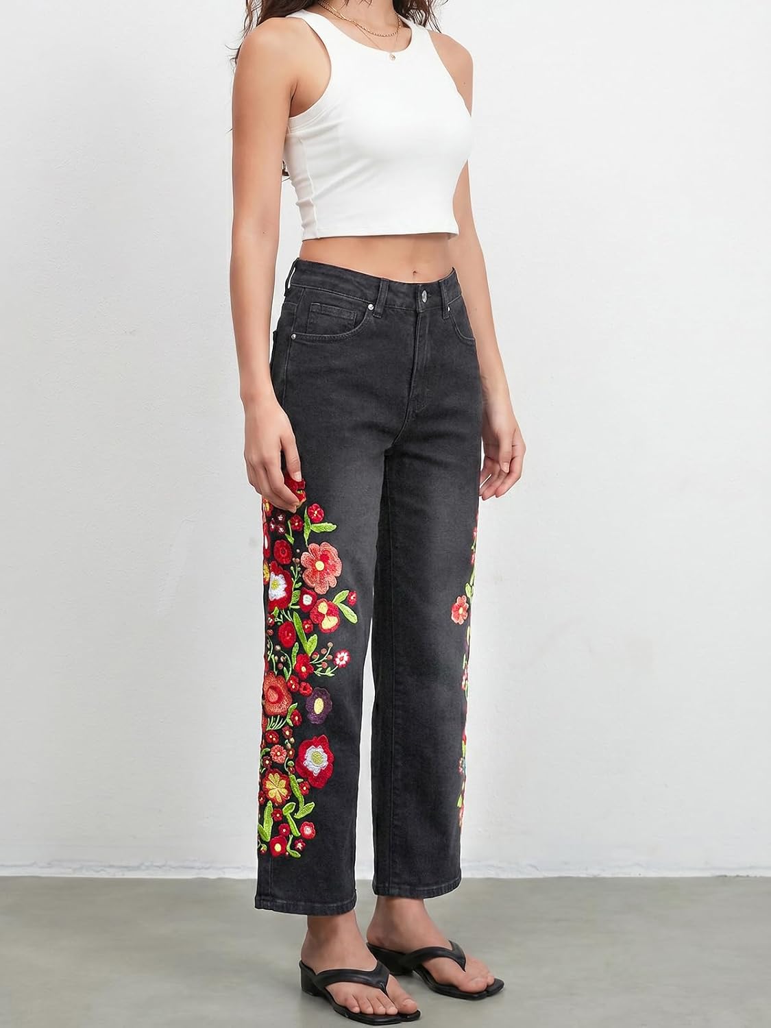 EZAPINE Straight Leg Cropped Jeans for Women Trendy Mid Rise Floral Print Boho Casual Denim Ankle Pants