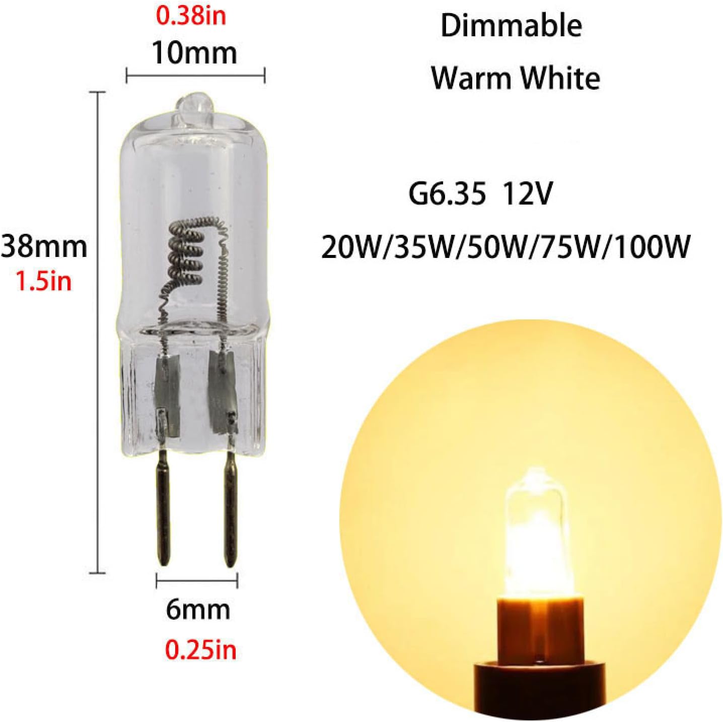 Light Bulb G6.35 12V 20W G6.35 Halogen Lamp Beads 12V 100W Gy6.35 Halogen Bulbs 2 Pin Dimmable,75W,20Pc