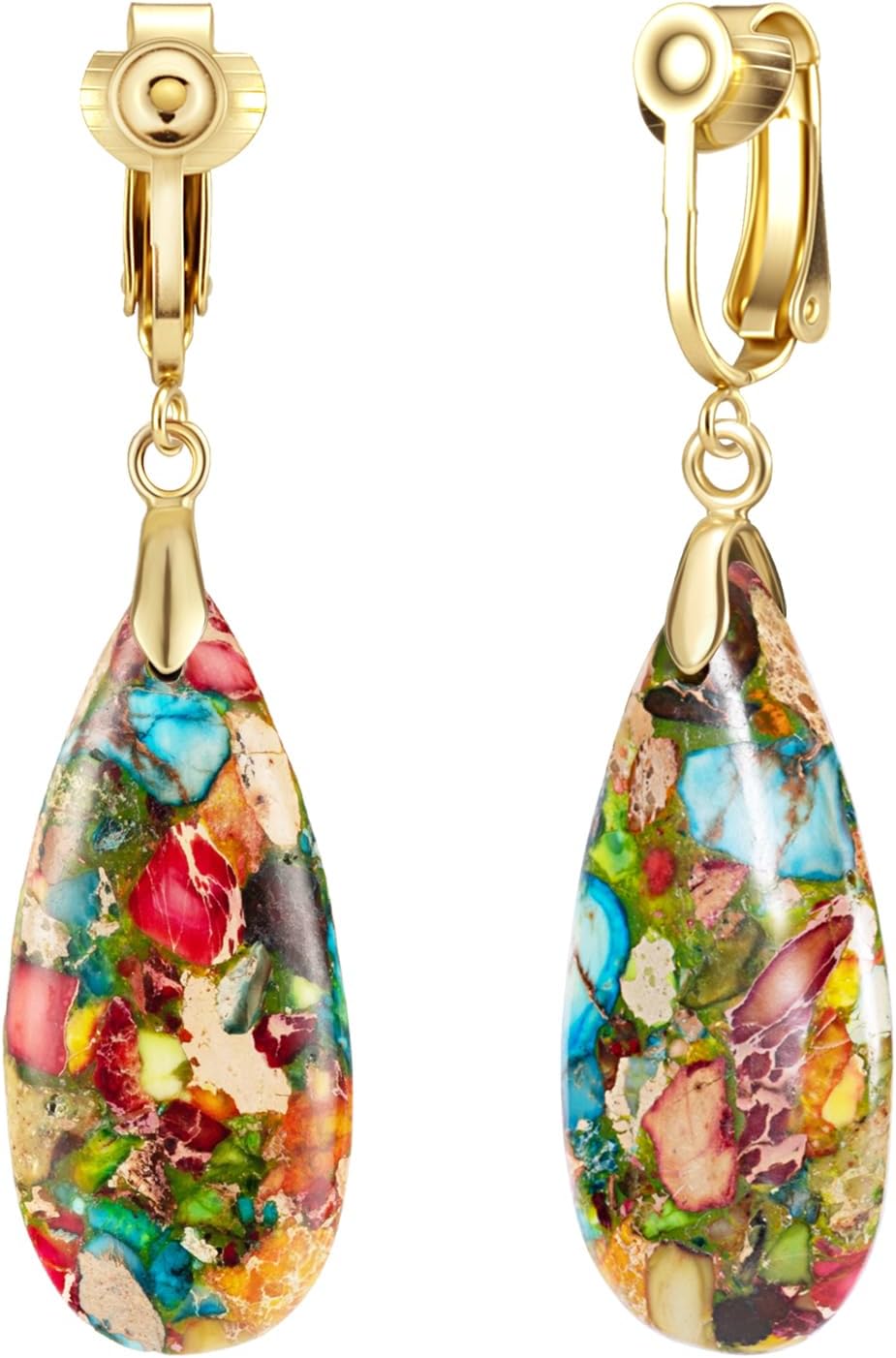 XGALBLA Boho Long Teardrop Stone Clip on Earrings for Women Natural Healing Stone Statement Earrings Non Pierced Gold Tone