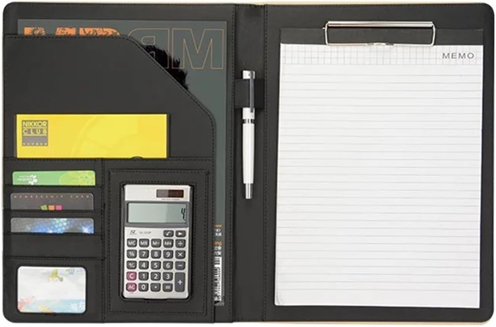 Office Portfolio Organizer Business Padfolio 12-bit Solar Calculator A4 PU Leather Conference Folder Holder Clipboard Cover with Writing Pad eBook (Black)