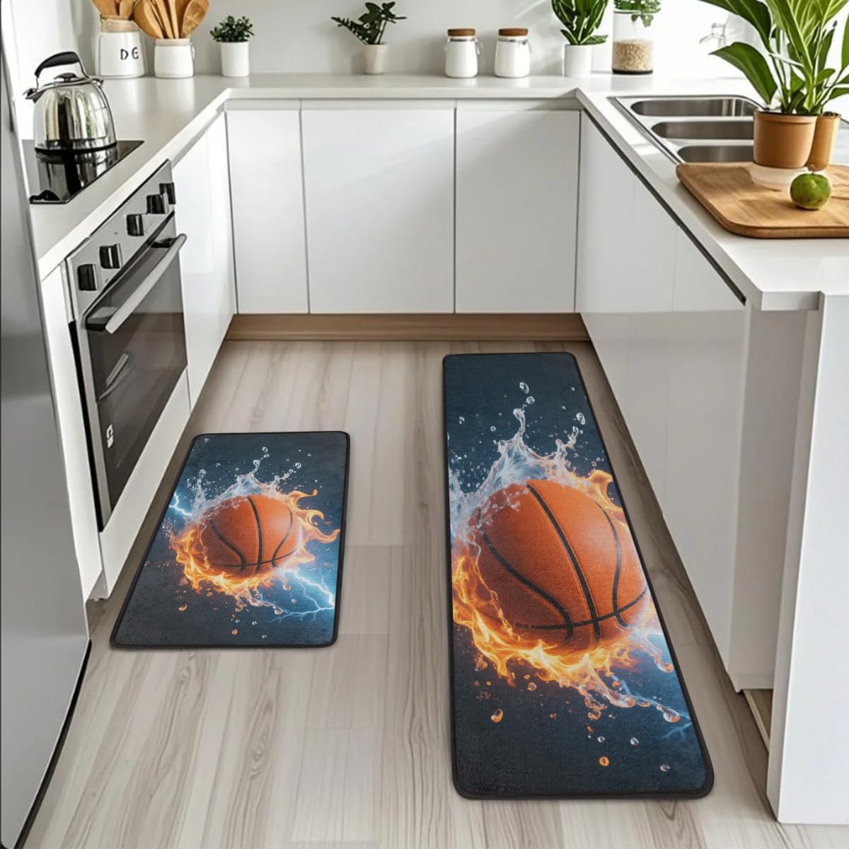 Anti Fatigue Burning Basketball Kitchen Mats for Floor 2 Piece Set, Waterproof Non Slip Boho Kitchen Floor Rugs, Comfort Standing Mat for Sink Laundry & Home Kitchen 17"x47"+17"x29"
