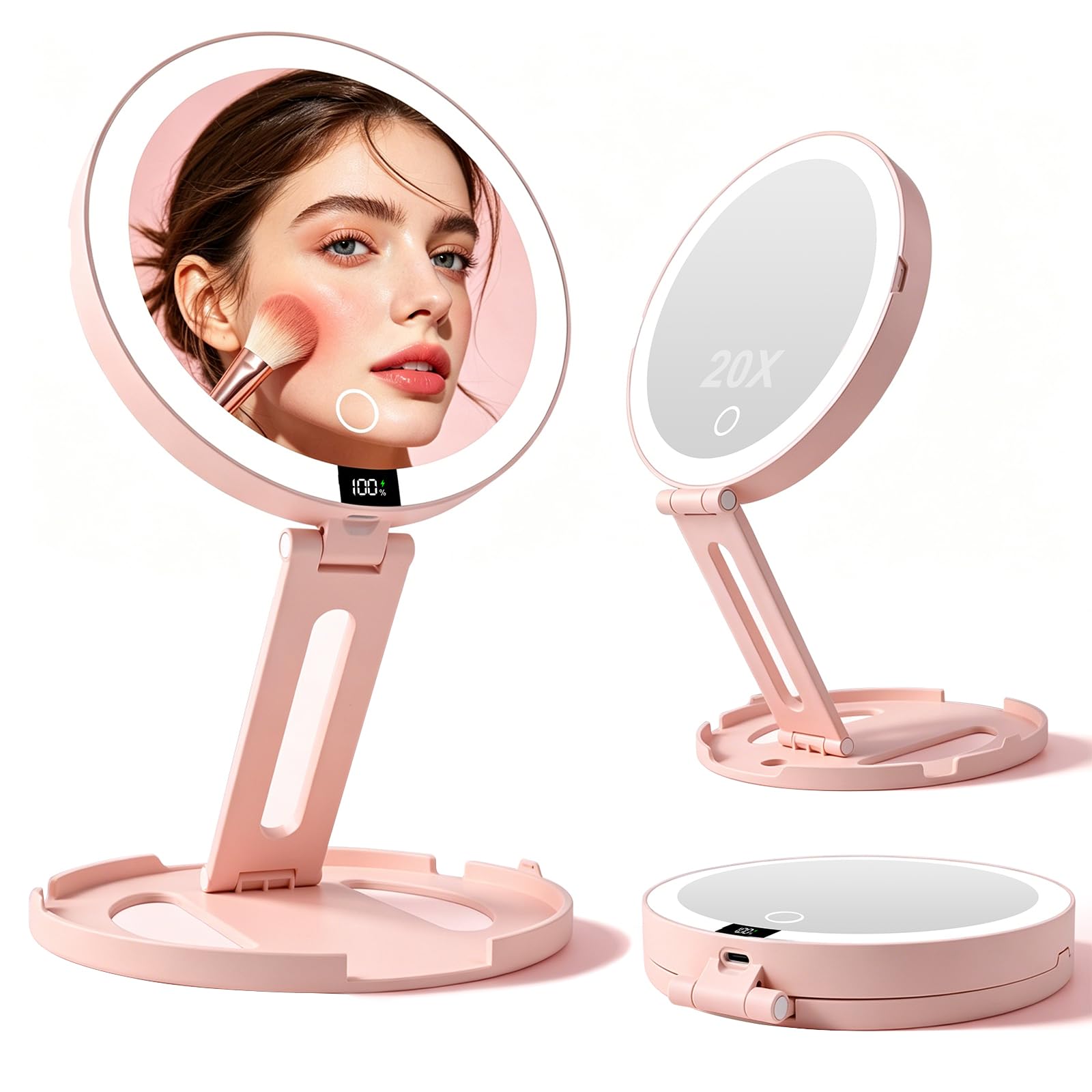 HAISSKY Espejo de maquillaje de viaje, espejo portátil de doble cara con aumento 20X/1X con luz de 3 colores e interruptor táctil, espejo compacto plegable para colgar, regalo para mujeres