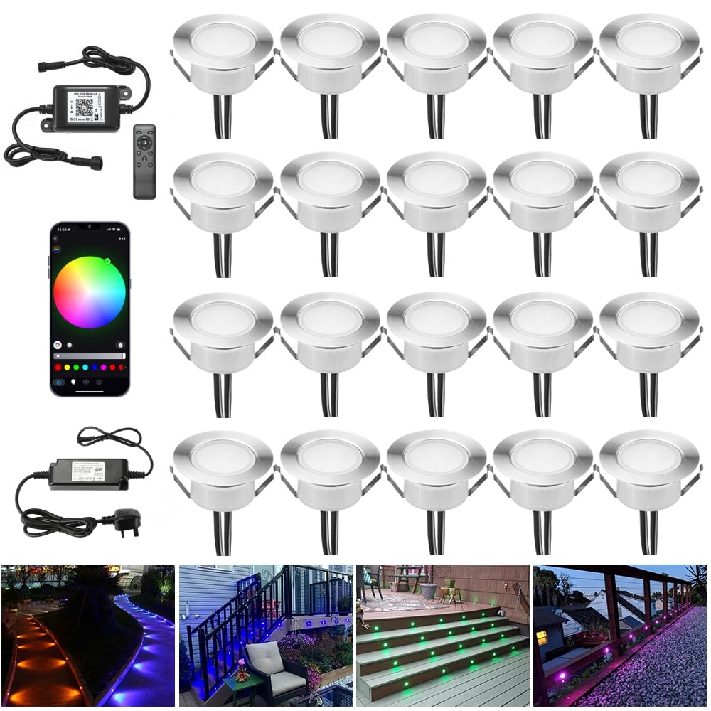 INDARUN RGBW WiFi Led Decking Lights Waterproof IP67 Ø61MM - Led Plinth Light Kits for Terrace/Patio/Path/Wall/Garden/Decoration, 20 Packs