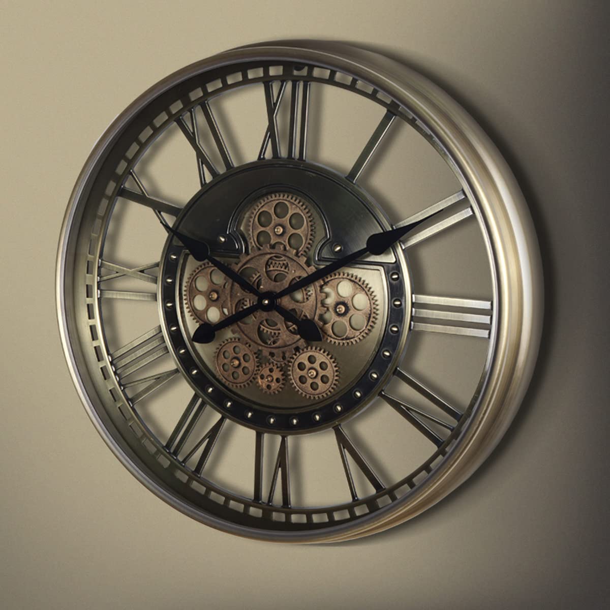 SaryEdge Large Wall Clocks,Large Wall Clock with Moving Gears, Non-Ticking Vintage Oversized Metal Wall Clock with Roman Numerals, Industrial Steampunk Batte-Green,Green,Green,Green