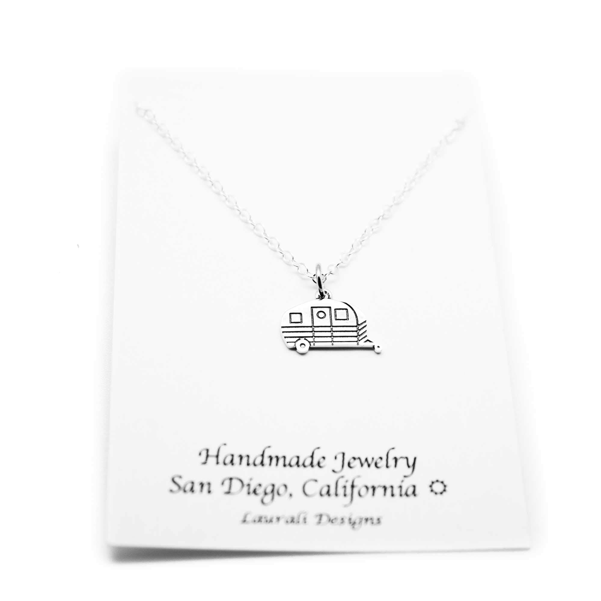 Laurali DesignsHandmade Trailer Charm Sterling Silver Camper Pendant - Adjustable Average 17" -18" Length Camper Van Keep Climbing Necklace - Great Mountain Gifts and Mountain Jewelry for Women Sterling Silver