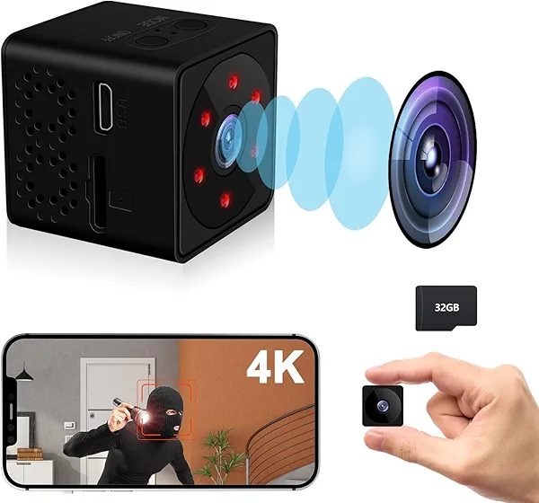Spy Camera WiFi or No WiFi Optional, 4K Mini Security Camera with 32GB Memory Card, Cameras for Home Security, 160° Wide-Angle, Night Vision, Motion Detection, for Indoor Outdoor