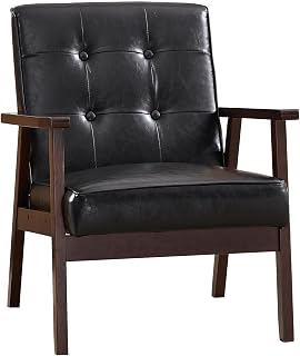 CANMOV Leather Accent Chair, Upholstered Mid Century Modern Accent Chair with Wood Frame & Tufted Design, Comfy Retro Reading Armchair for Living Room, Bedroom, Office, Black