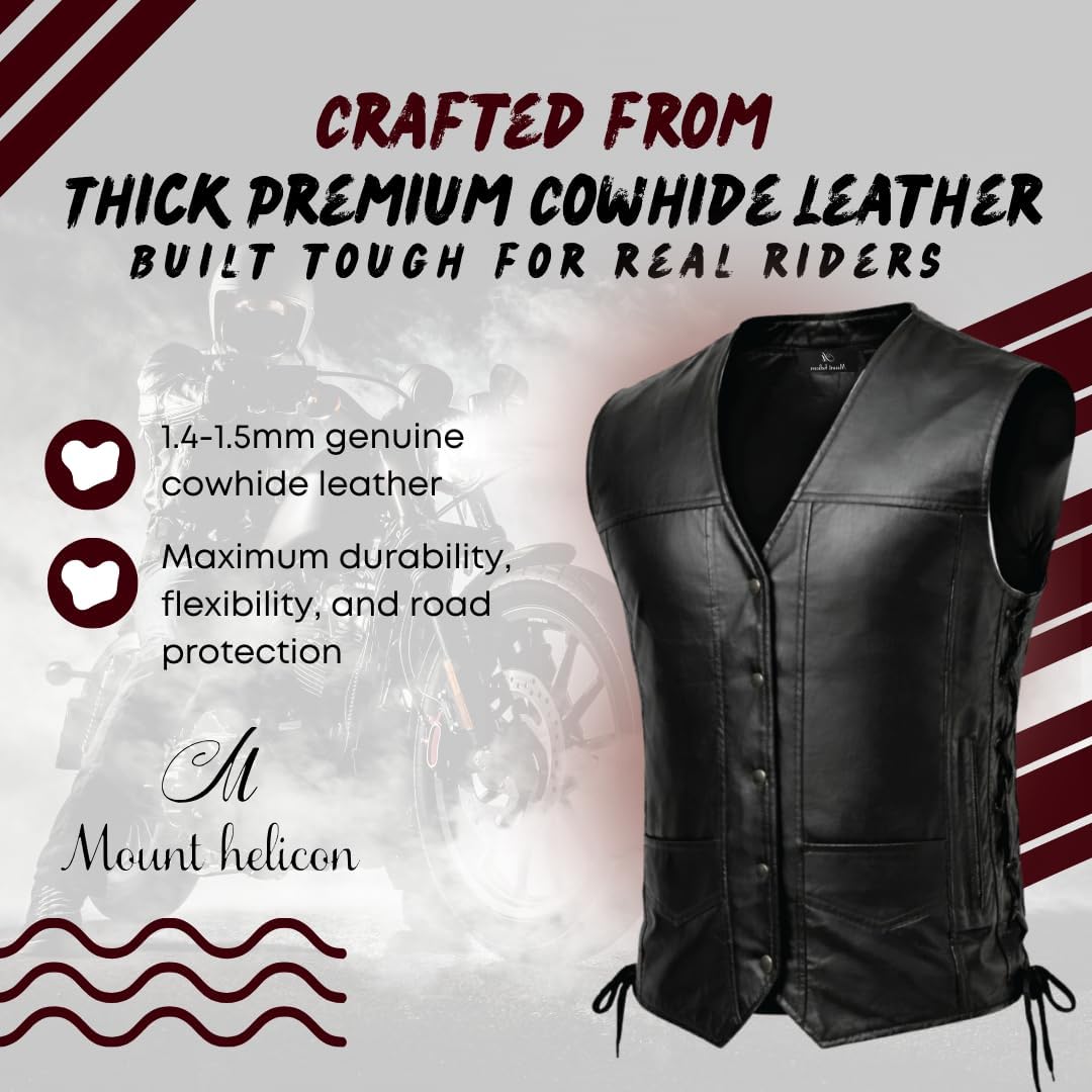 Mount Helicon Genuine Cowhide Leather Motorcycle Vest For Men & Women With 100% Polyester Lining-Black Bike Leather Vest Men