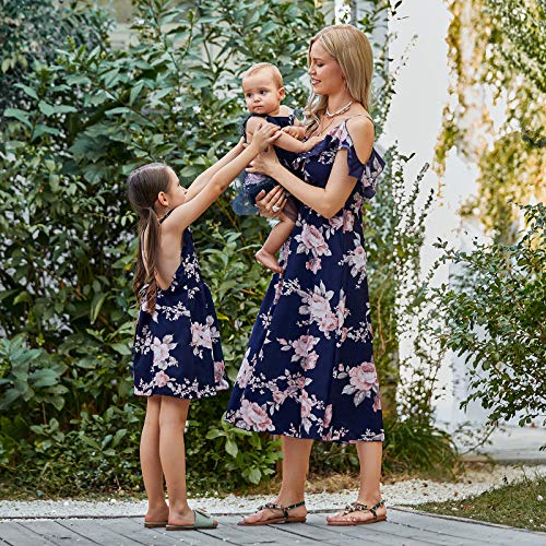 PopReal Mommy and Me Dresses Floral Print Cold Shoulder Ruffle Backless Strap Romper Beach Midi Dress Summer3