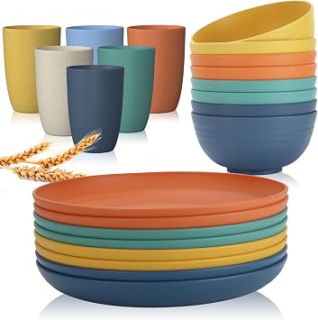 Wrova wheat straw bowls and 9inch plates bundle with cups - unbreakable dinnerware sets of 22- Colorful series