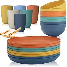 Wrova wheat straw bowls and 9inch plates bundle with cups - unbreakable dinnerware sets of 22- Colorful series